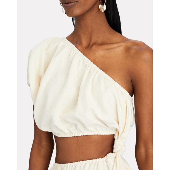 Farm Rio Off White One Shoulder Maxi Dress M Cutout Linen Blend Clean Chic New - Picture 7 of 10